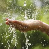 Wet female hands and clear water splashes