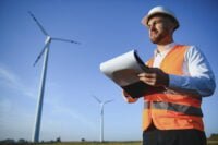 Engineer is checking energy production on wind turbine. Worker in windmills park in helmet.