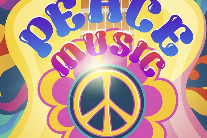 Peace music posters with hippie sign and guitar