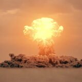 3d rendering of massive nuke bomb test explosion with film look