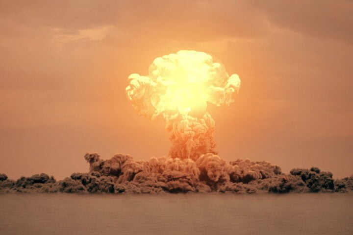 3d rendering of massive nuke bomb test explosion with film look