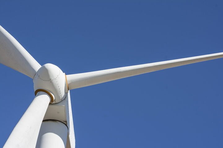 Detail of a windmill with a blue sky