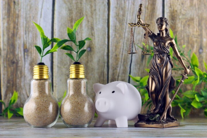 Piggy bank, symbol of law and justice, plants growing inside the