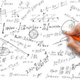 man hand is pointing out the complicated math calculations. Math