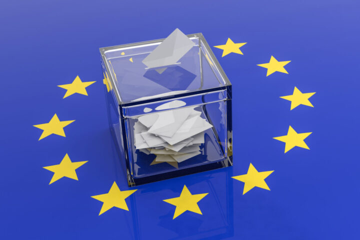 European Union parliament election. Voting box on EU flag backgr