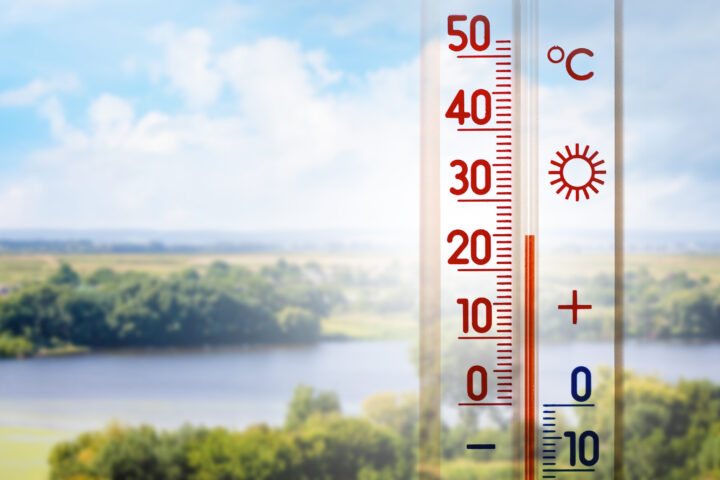 The thermometer on a background of summer landscape in sunny weather shows 25 degrees heat_