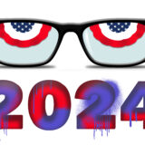 Red, white and blue bunting is seen in eyeglass frames and look like eyes in  a 3-d illustration about keeping eyes on the 2024 election campaigns.