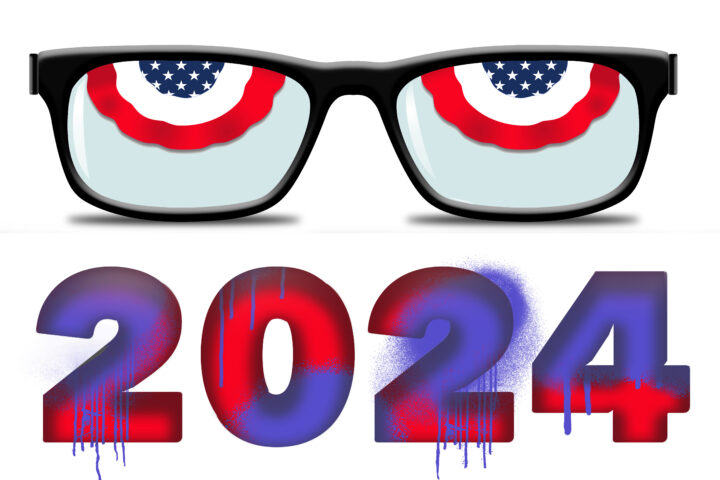 Red, white and blue bunting is seen in eyeglass frames and look like eyes in  a 3-d illustration about keeping eyes on the 2024 election campaigns.