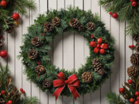 Detailed view of a festive Christmas wreath with lush greenery,