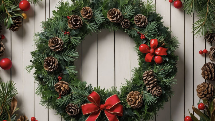 Detailed view of a festive Christmas wreath with lush greenery,