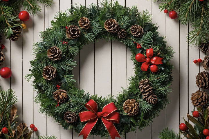 Detailed view of a festive Christmas wreath with lush greenery,