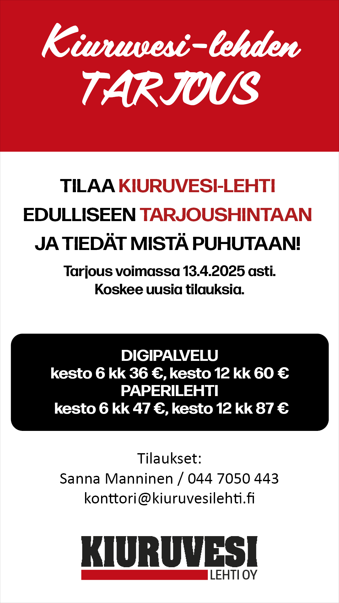 Kiuruvesi-lehden tarjous