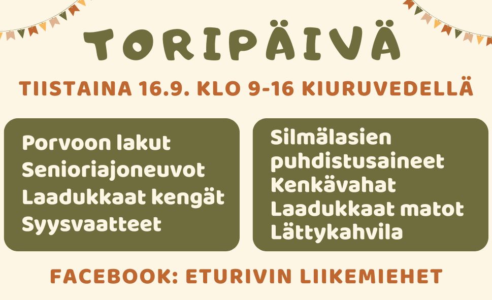 Toripäiovä 16.9 - Porvoon lakut Senioriajoneuvot Laadukkaat kengät Syysvaatteet Silmälasien puhdistusaineet Kenkävahat Laadukkaat matot Lättykahvila FACEBOOK: ETURIVIN LIIKEMIEHET