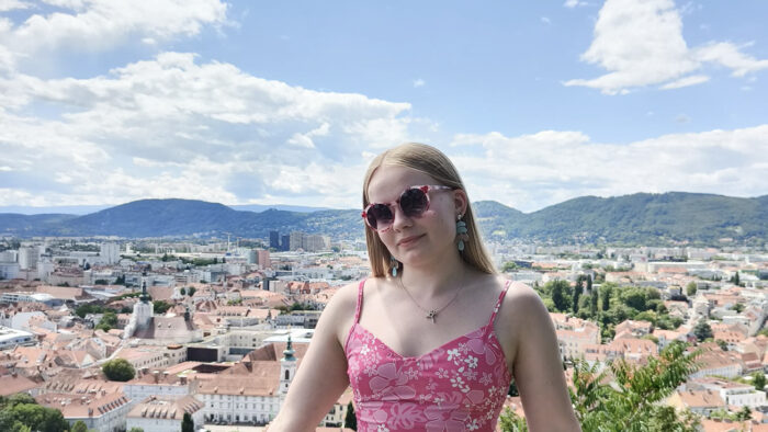 Näköala Schlossbergin kukkulalla, Grazissa.