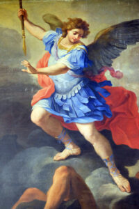 St Michael the Archangel, altarpiece by Ludovico Gimignani in Chapel of St Michael the Archangel, Basilica di Sant Andrea delle Fratte, Rome, Italy