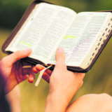 Reading the Bible outdoors in nature. A man in sunglasses and a shlap holds a Bible in his hands