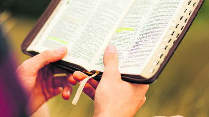 Reading the Bible outdoors in nature. A man in sunglasses and a shlap holds a Bible in his hands