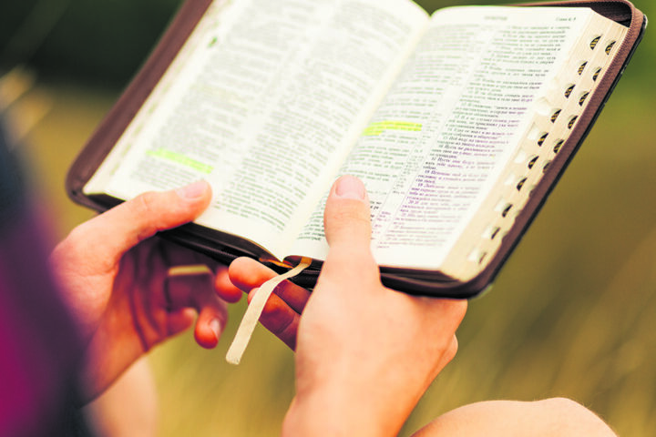 Reading the Bible outdoors in nature. A man in sunglasses and a shlap holds a Bible in his hands