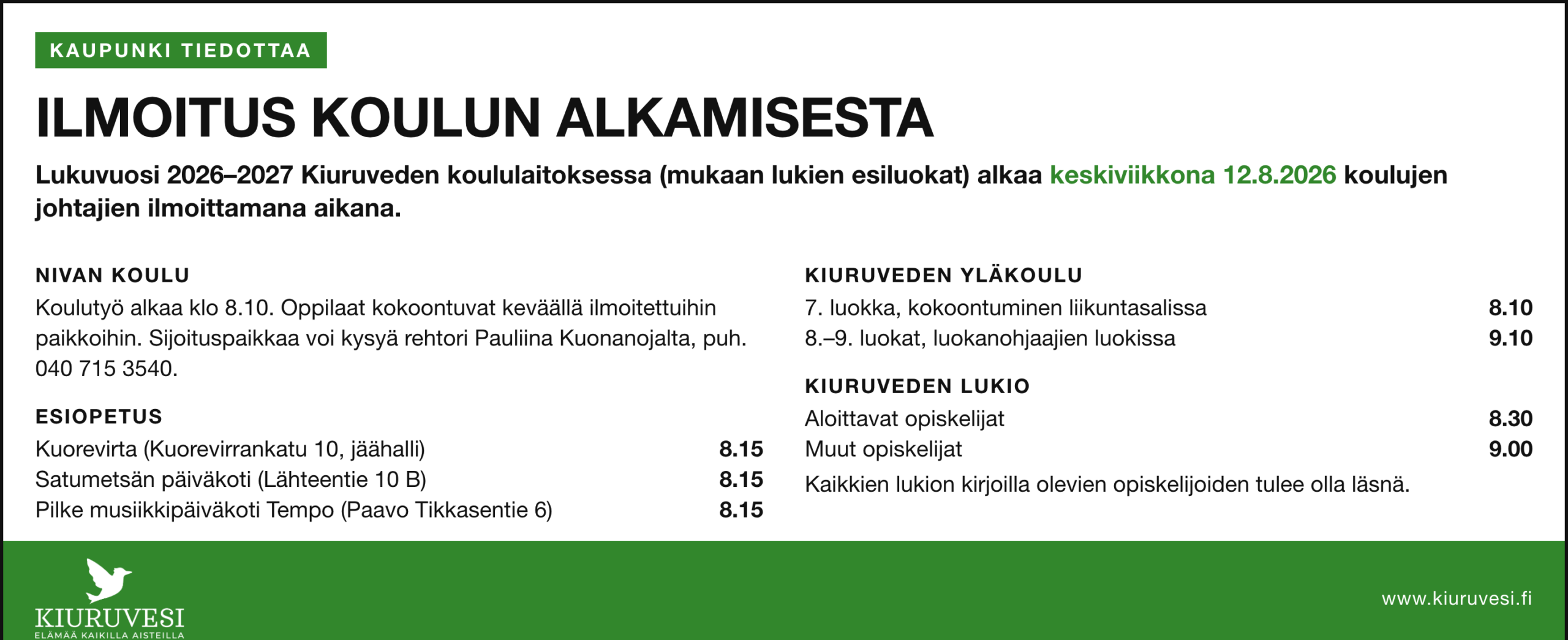 Kiuruveden kaupunki: ilmoitus koulun alkamisesta 12.8.2026